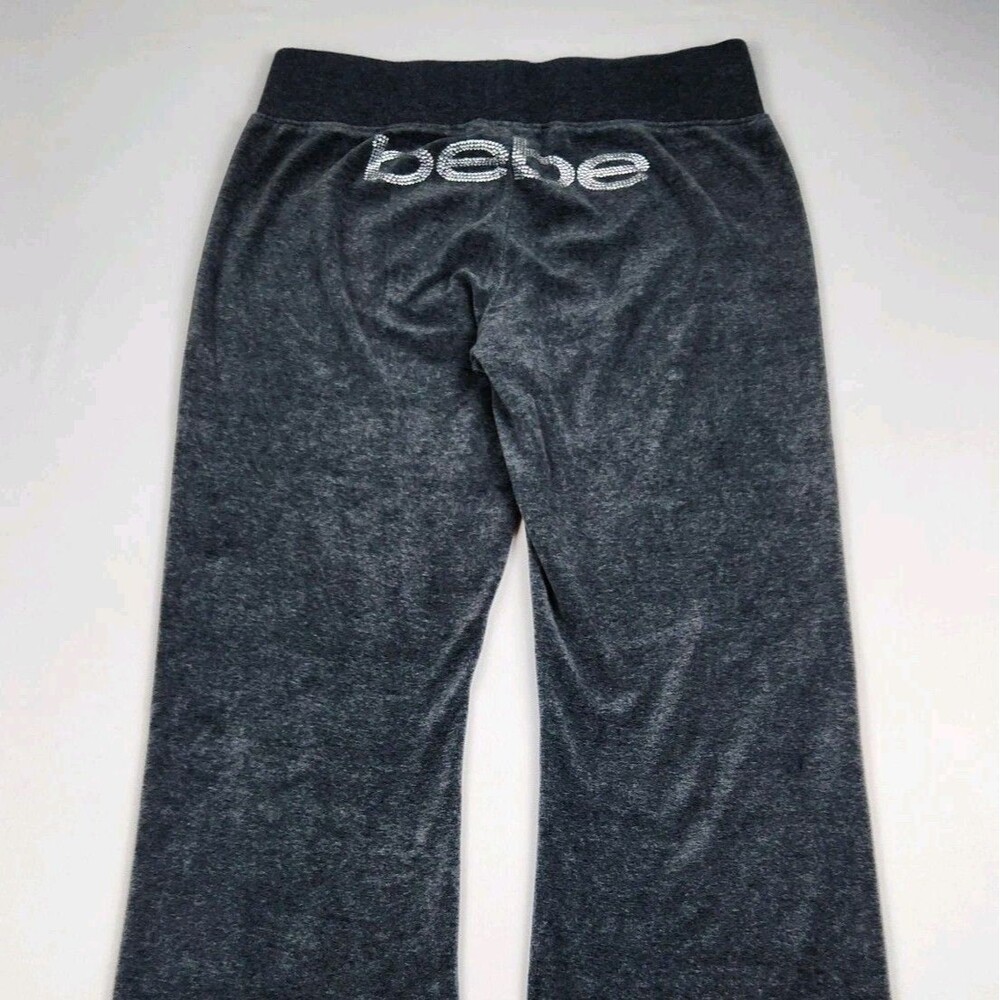 bebe Bedazzled Velour Pants Womens S Heather Gray Low-Rise Flare Y2K McBling